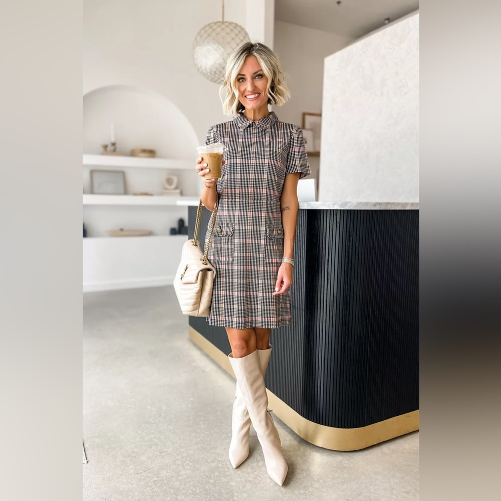 NWT Loft Plaid Ponte Button Pocket Shift Dress